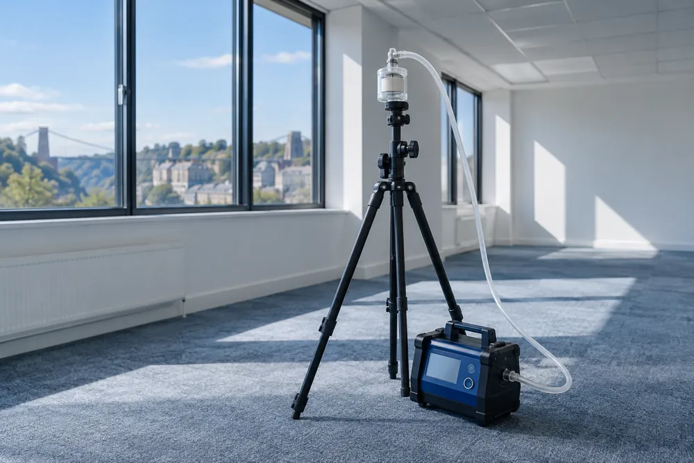 Air sampling pump with a filter head on a tripod in a vacant room