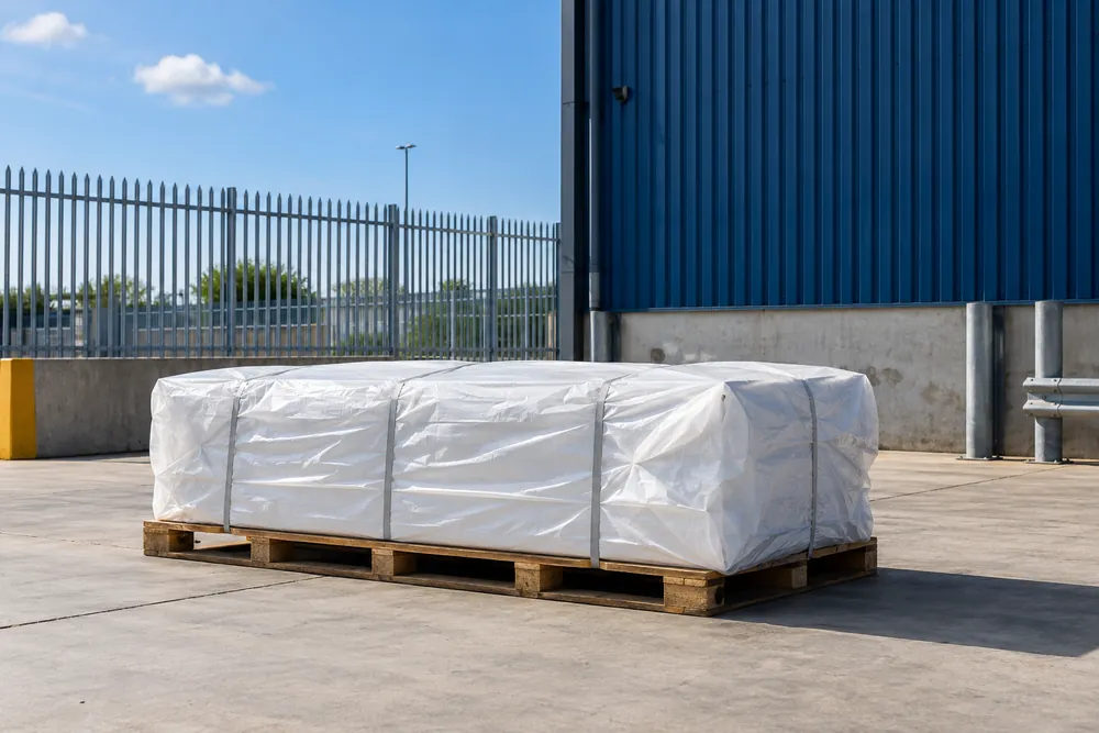 Securely wrapped construction waste package in an industrial loading bay